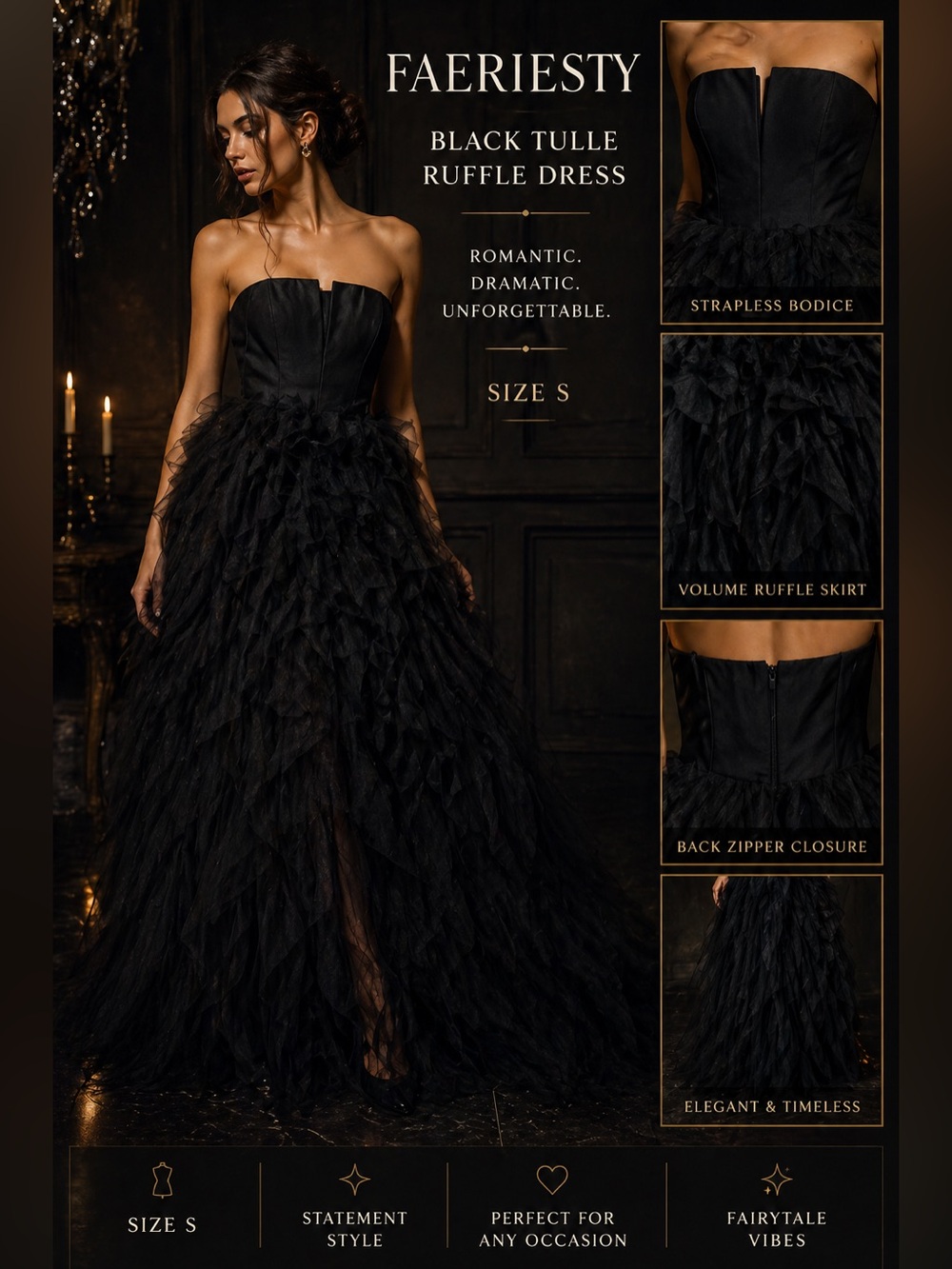 Faeriesty Black Strapless Tulle Ruffle Dress Size S Formal Prom Party Gown